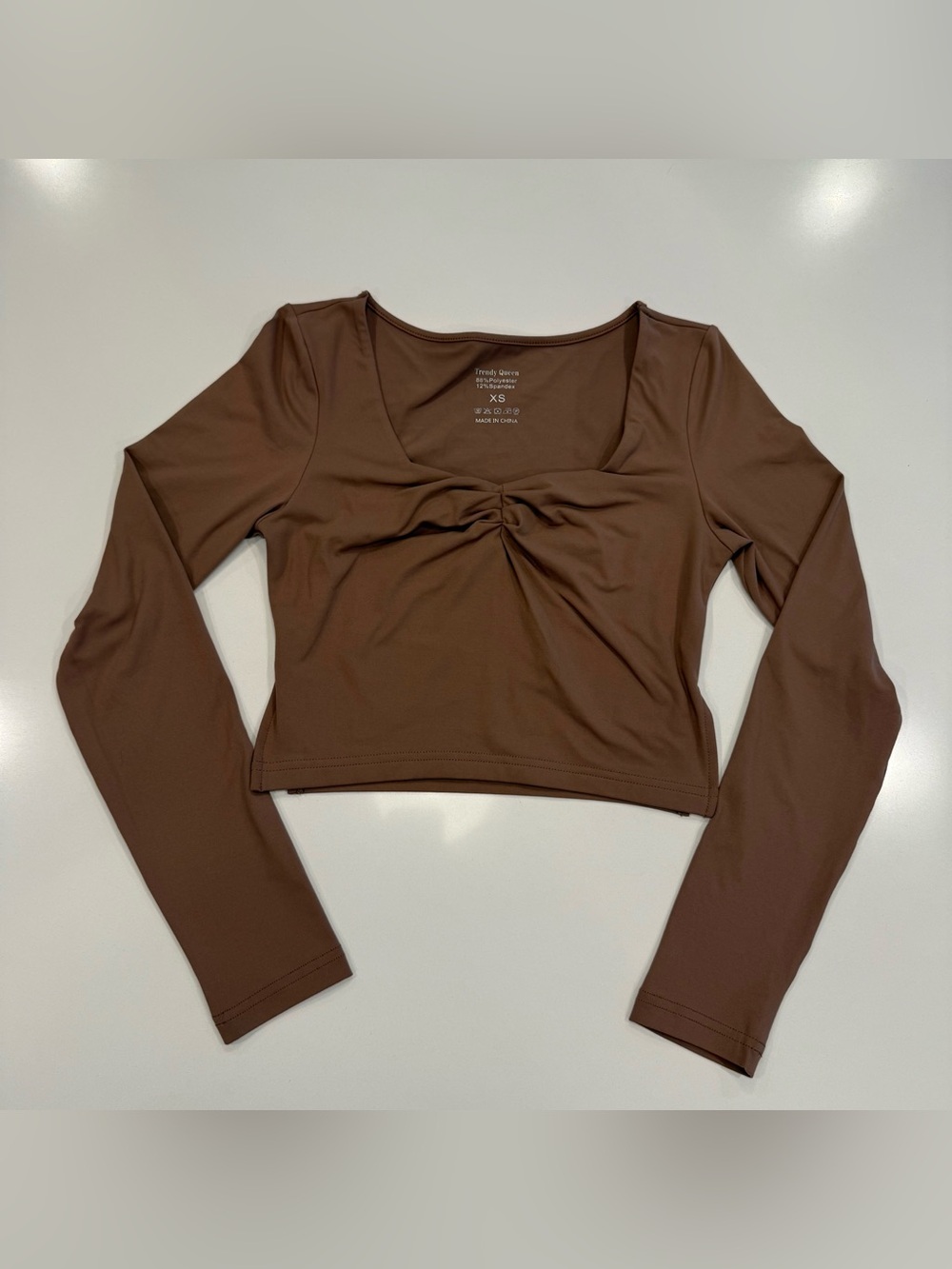 Trendy Queen Crop Top Womens XS Suede Brown Long Sleeve Cinched V Neck Stretch